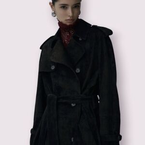 Anthropologie Cordelia Velvet Trench Coat Size Small 6 Black Ribbed Long Heavy